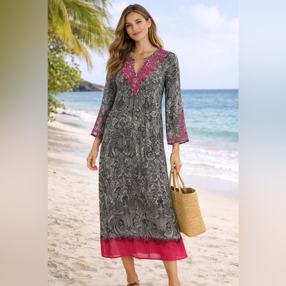 Maxi Length Semi Sheer Embroidered Black & Pink Paisley Tunic Swim‎ Coverup